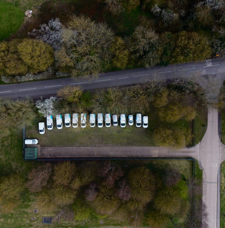 Aerial view of a parked vehicle fleet