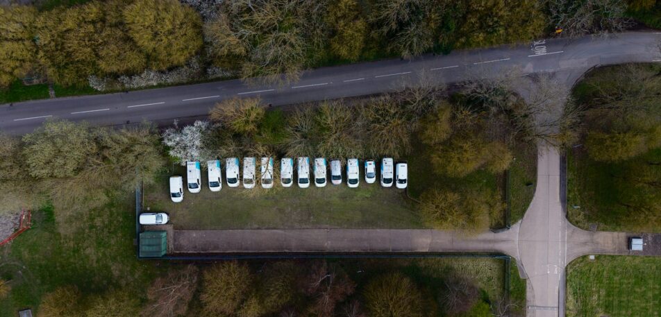 Aerial view of a parked vehicle fleet